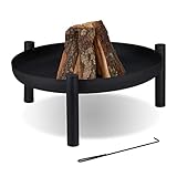 Relaxdays Feuerschale, Ø 80 cm, Feuerwanne aus Stahl, inklusive Schürhaken, Feuerstelle für Garten & Terrasse, schwarz