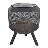 Raburg XXL Feuerkorb Ben in Schiefer-SCHWARZ, extra großer Design-Gartenkamin & Terrassenofen, 60 x 55 cm rund, Stahl, inklusive Grillrost & Schürhaken