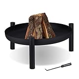 Relaxdays Feuerschale, 80 cm Durchmesser, inklusive Schürhaken, Feuerstelle Garten & Terrasse, Feuerkorb, Stahl, schwarz