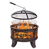 Jinfa Feuerschale Ø 66 cm für Garten BBQ Grill | Feuerkorb Feuerstelle mit Grillrost, Funkenschutzhaube und Schürhaken