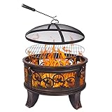 Jinfa Feuerschale Ø 66 cm für Garten BBQ Grill | Feuerkorb Feuerstelle mit Grillrost, Funkenschutzhaube und Schürhaken