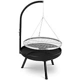 Schwenkgrill mit Feuerschale, Schwenkgrill, Holzkohlegrill, 70*70*120cm, inkl. Feuerschale(Ø70cm), Grillrost(Ø64,5cm), Höhenverstellbarer Kette(4 Stufen), Zum Grillen und Heizen im Freien