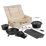 BBQ-Toro 8-teiliges Dutch Oven Set in Holzkiste, Gusseisen, bereits eingebrannt - preseasoned, Grill Set mit Dutch Oven, Holzkiste, Grillplatte, Stieltopf, Bratpfanne, Untersetzer, Deckelheber