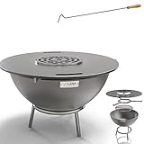 60 cm Edelstahl Feuerstelle Outdoor mit 70 cm Grillplatte, Grillrost und Auflageeisen Holzkohlegrill Garten Feuerschale mit Grill Ring und Dreibein