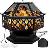 KESSER® Feuerschale mit Grillrost Ø 62 Multifunktional Fire Pit für Heizung/BBQ Grill, Schürhaken & Kohlerost, Garten Terrasse Feuerschale, Metall Feuerstelle mit Schutzhülle Funkenschutz, Sechskant