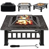 DAWOO 3 in 1 Feuerstelle BBQ Innenhof Terrasse Quadratisch Metall Feuerherd Grill mit wasserdichter Abdeckung für Outdoor,Camping, Picknick,Kochen,Parties(Schwarz (Vierkant))