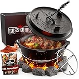GUSSKÖNIG Dutch Oven Set [8L ] - Eingebrannter Feuertopf mit praktischem Deckelheber und Edelstahl Untersetzer