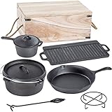 ACTIVA Dutch Oven Set 7-teilig I Hochwertiger Feuertopf mit innovativem Zubehör I Dutchoven inkl. Hitzeschutz Haken & abnehmbarem Fuß-Gestell