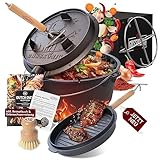 GUSSKÖNIG Dutch Oven Set [9L] ohne Füße - Eingebrannter Feuertopf mit innovativem 2in1 Deckelheber, Untersetzer, Reinigungsbürste und Rezeptbuch - für Abenteurer